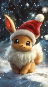 Digital creature in Santa hat sits in snowy outdoor scene