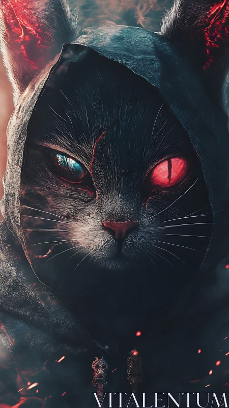 Mystic hooded cat with glowing eyes in emberlit twilight.