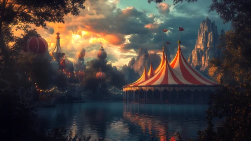 Striped lakeside tent structure stands before distant cliffs