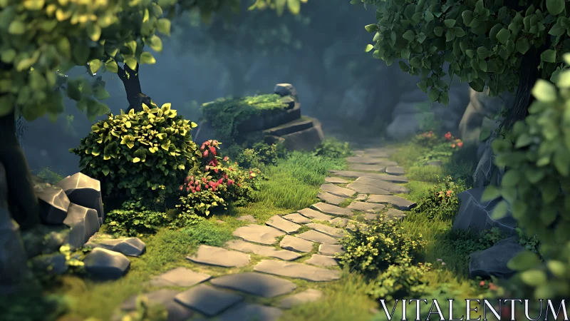 Stone pathway through lush overgrown garden with flowering plants