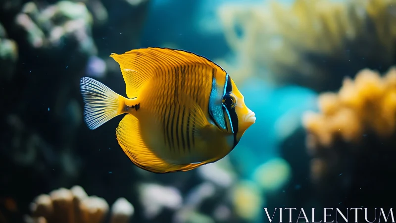 Yellow reef butterflyfish in shallow coral reef, side profile