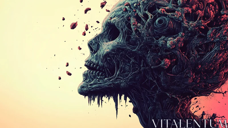 Grotesque skeletal bust dissolves in tendriled organic decay.