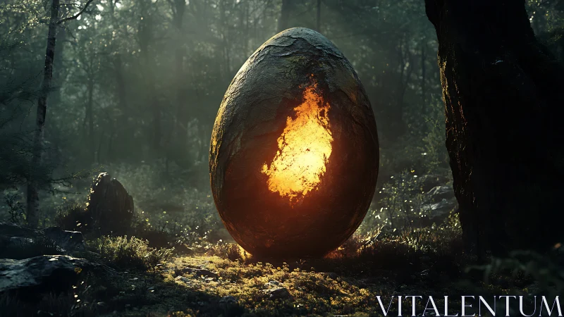 Glowing stone egg ignites a misty forest with eerie light