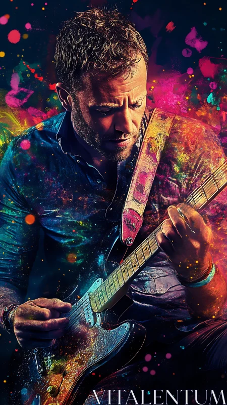 Electric guitarist immersed in neon chromatic particle surge