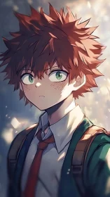 Anime schoolboy portrait shows green-eyed student character