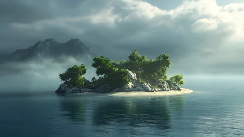 Tropical Island with Rocky Outcrop and Vegetation.
