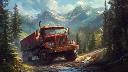 Weathered red truck rumbles confidently along a wild trail