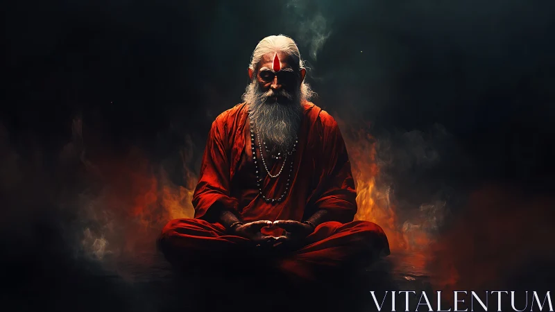 Meditating elder in orange robes against dark smoky backdrop.