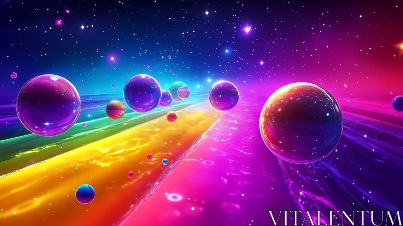 Prismatic orbs drifting above radiant cosmic riverscape.