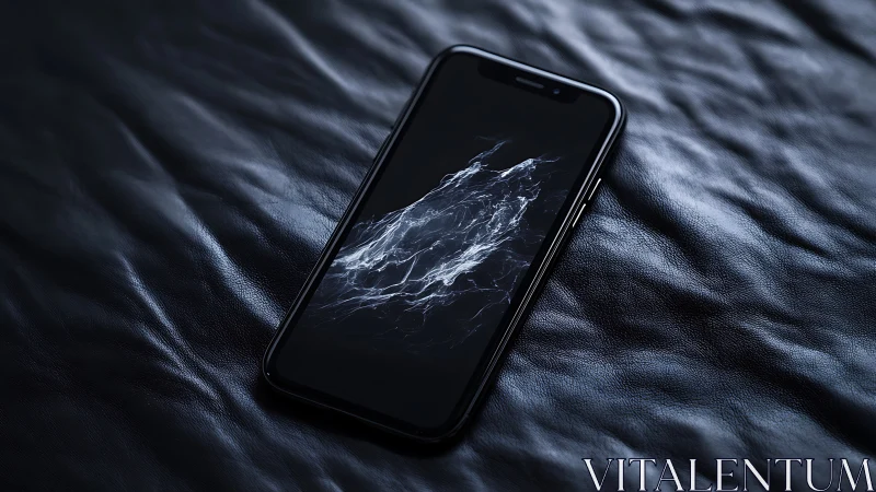 Cool black smartphone rests calmly on rippled leather surface