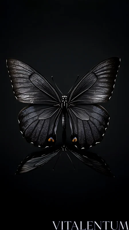 Black butterfly centered on dark reflective background