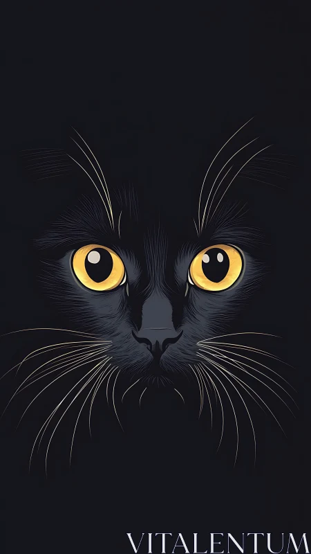 Black Feline Portrait with Luminous Amber Eyes Against Darkened Background