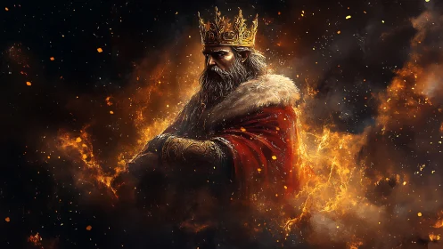 Regal crowned figure in red cloak amid swirling embers.