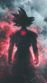 Fiery warrior silhouette rises within swirling red energy