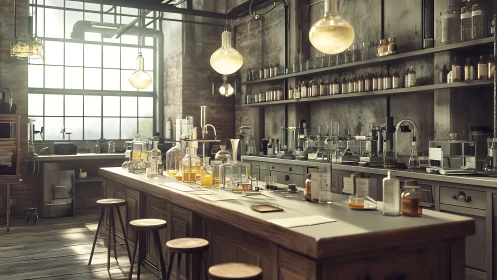 Vintage chemistry lab glows under warm industrial light.