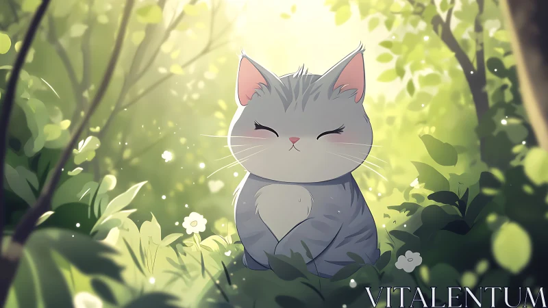 Serene Gray Cat in Sunlit Forest Setting with Soft Green Botanical Surroundings.