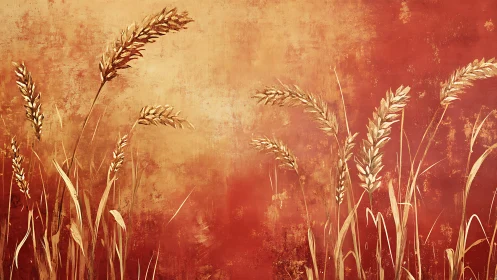 Golden wheat silhouettes sway against rustic red glow.