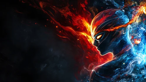 Elemental avatar in blazing fire and icy nebula profile.