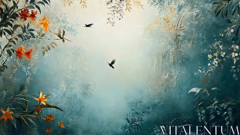 Misty jungle canopy frames birds in glowing morning light