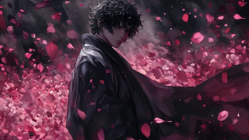 Somber kimono-clad figure amid turbulent sakura petal vortex.