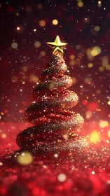 Spiraled red Christmas tree glows with glittering bokeh light.