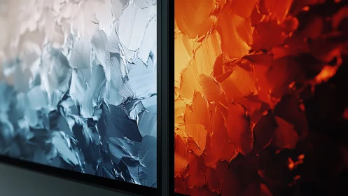 Dual textured impasto panels contrast cool blue and warm orange tones