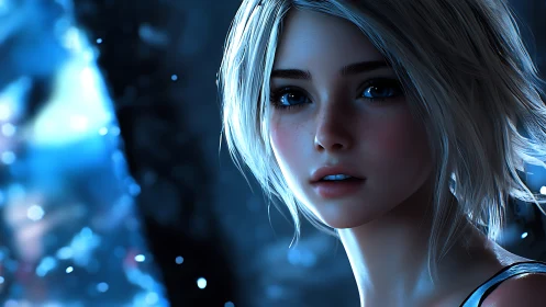 Luminescent close-up portrait in glacial blue bokeh field.