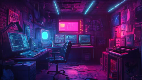 Neon-lit cyberpunk hacker studio with multi-screen command hub.
