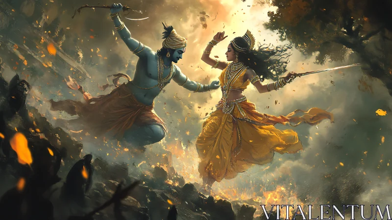 Mythic duel between two armed figures amid swirling smoke.