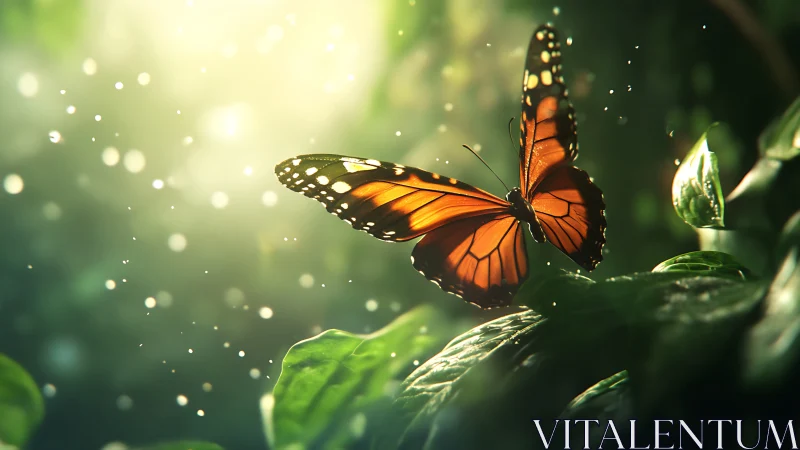 Photorealistic monarch butterfly in luminous forest clearing.