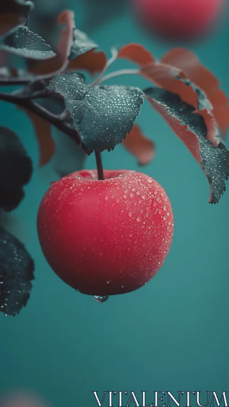 Single dewy red apple glows against a cool teal backdrop