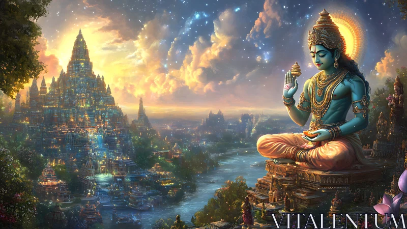 Serene blue deity above luminous temple river cityscape.