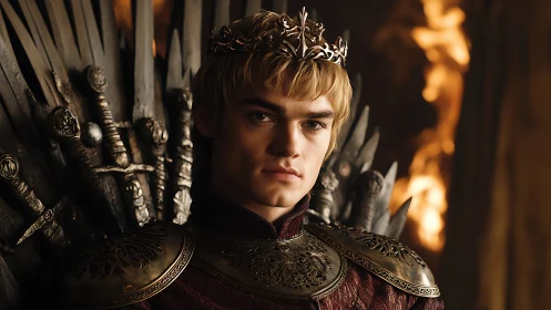 Young ironclad monarch studies power from a blazing throne