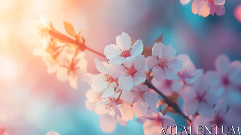 Cherry blossom flowers with selective focus and color gradient background.