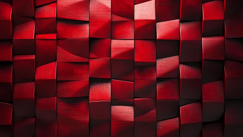 Red geometric cubes abstract wall with dramatic lighting effect.