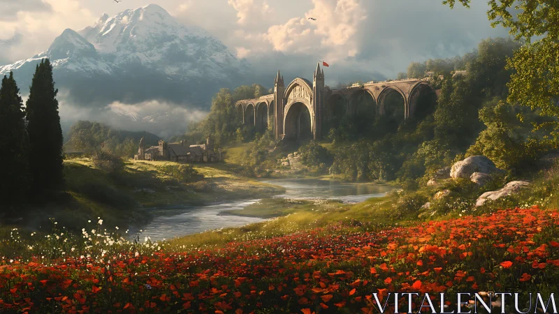 Sunlit stone bridge crowns a tranquil fantasy valley