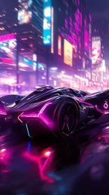 Futuristic sports car under neon lights in wet city street.