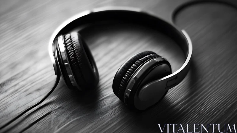 Monochrome studio close-up of over-ear headphones on wood.