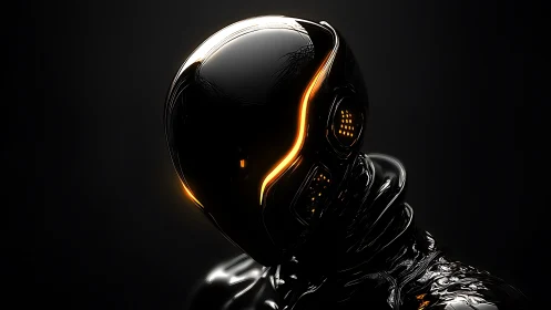 Black glossy humanoid robot helmet with orange illuminated trim