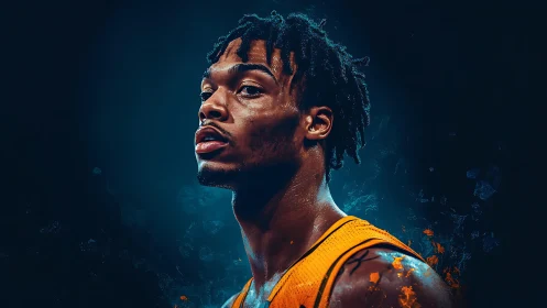 Dynamic basketball portrait under electric blue rimlight.