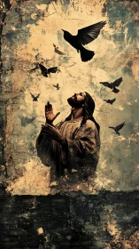 Religious figure looks upward beneath dark silhouette birds