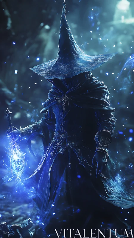 Hooded mage holds glowing blue staff in dark mystical scene