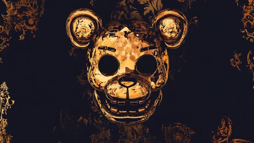 Distressed golden bear skull mask on dark floral background.