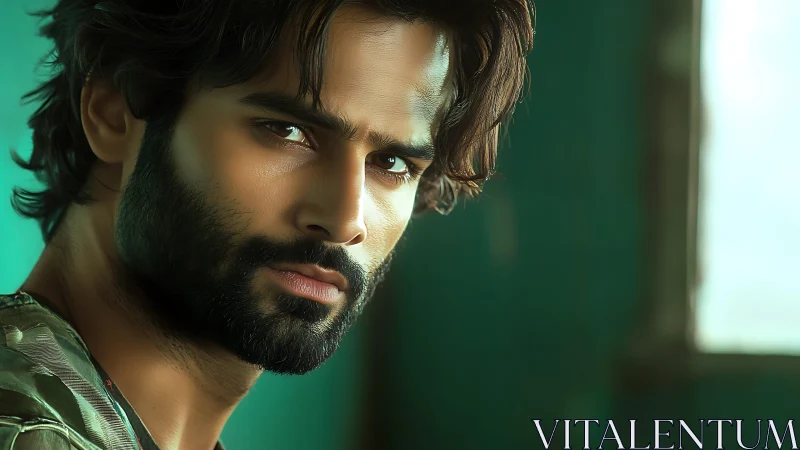 Intense bearded man gazes forward in moody emerald light