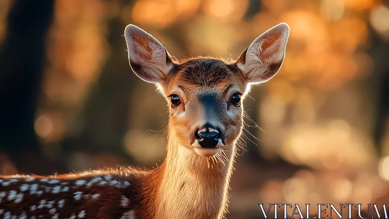Gentle young fawn glows in soft golden forest light.