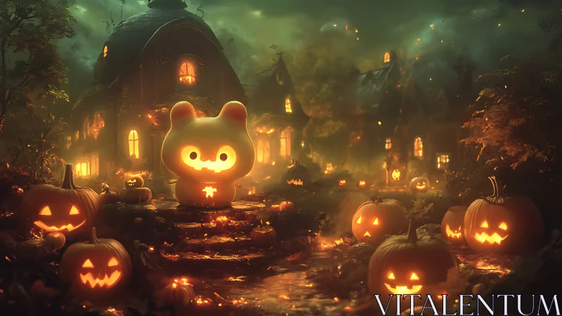 Cute jack-o’-lantern spirit guards a misty Halloween village.