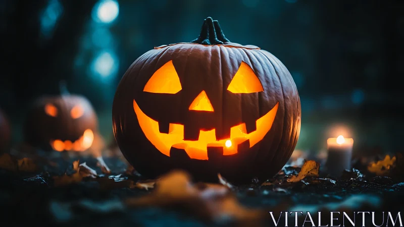 Carved jack o’lantern glows outdoors on a dim autumn night