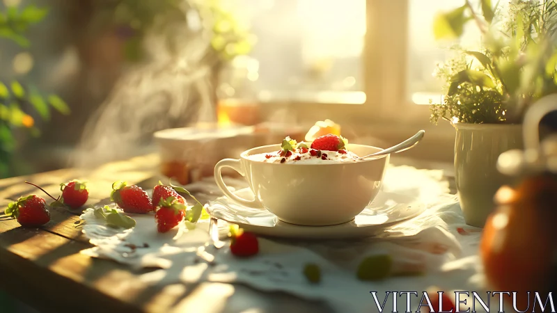 Sunlit strawberry breakfast bowl on a cozy garden table.