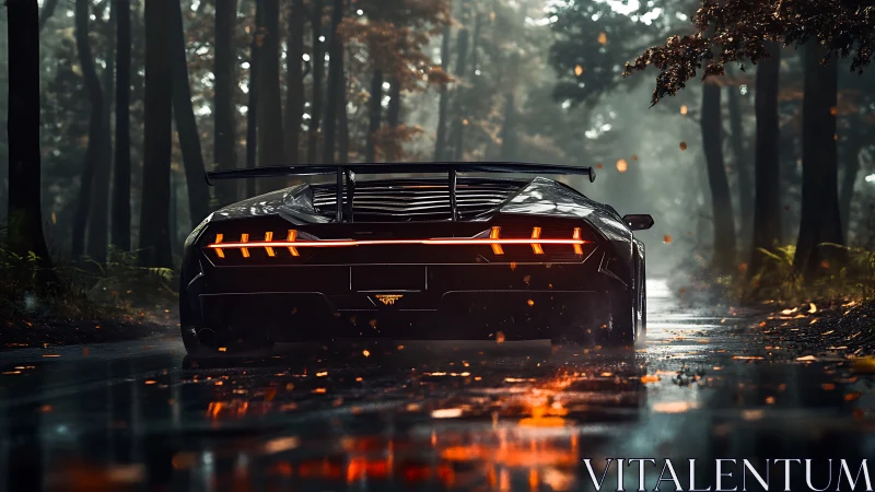 Midnight supercar glowing through a quiet autumn forest road.