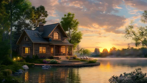 Lakeside stone cottage at sunset with glowing warm windows.